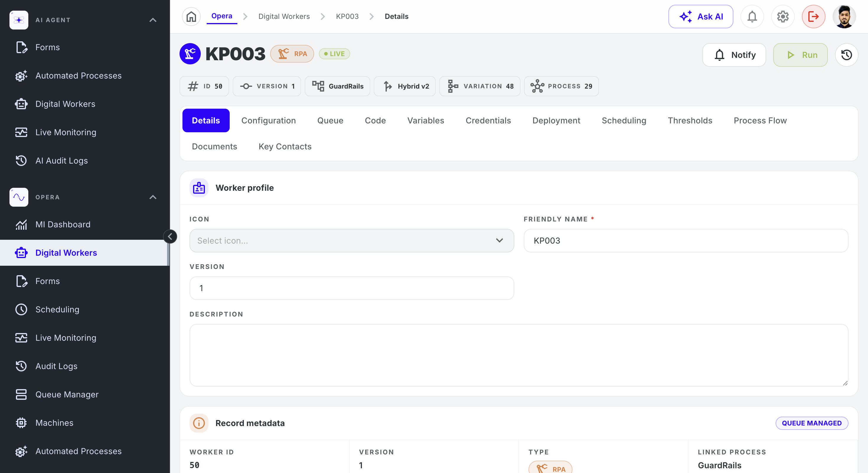 Digital worker KP003 details workspace with Live and RPA badges and configuration tabs